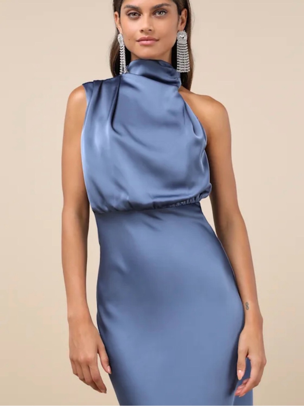 Lulus Distinctive Charm Slate Blue Satin Asymmetrical Midi Dress - Picture 2 of 8